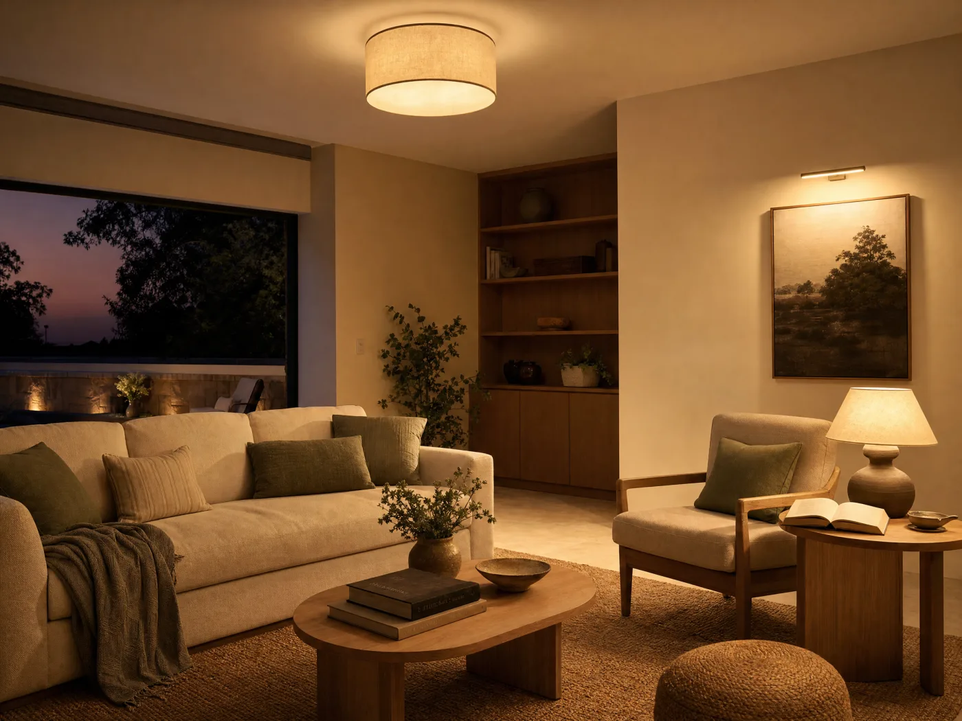 A living room at dusk lit by three layers: an ambient ceiling fixture, a task table lamp over an open book, and a picture light accenting framed art