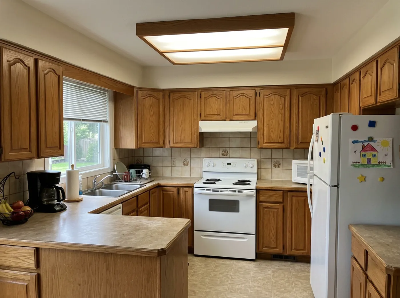 A dated oak kitchen photo with three Spot Edit pins marking the backsplash, the cabinets, and the ceiling light