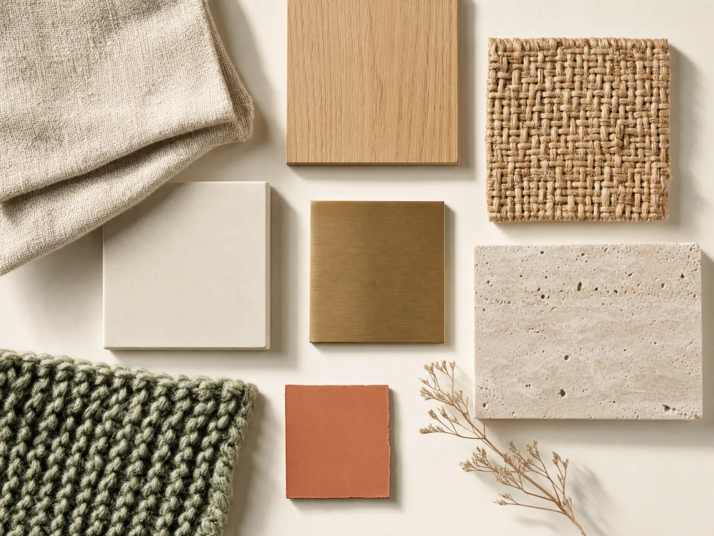 A flat-lay of material swatches: oatmeal linen, pale oak, woven jute, cream ceramic, brushed brass, travertine stone, a sage knit, and a terracotta accent chip