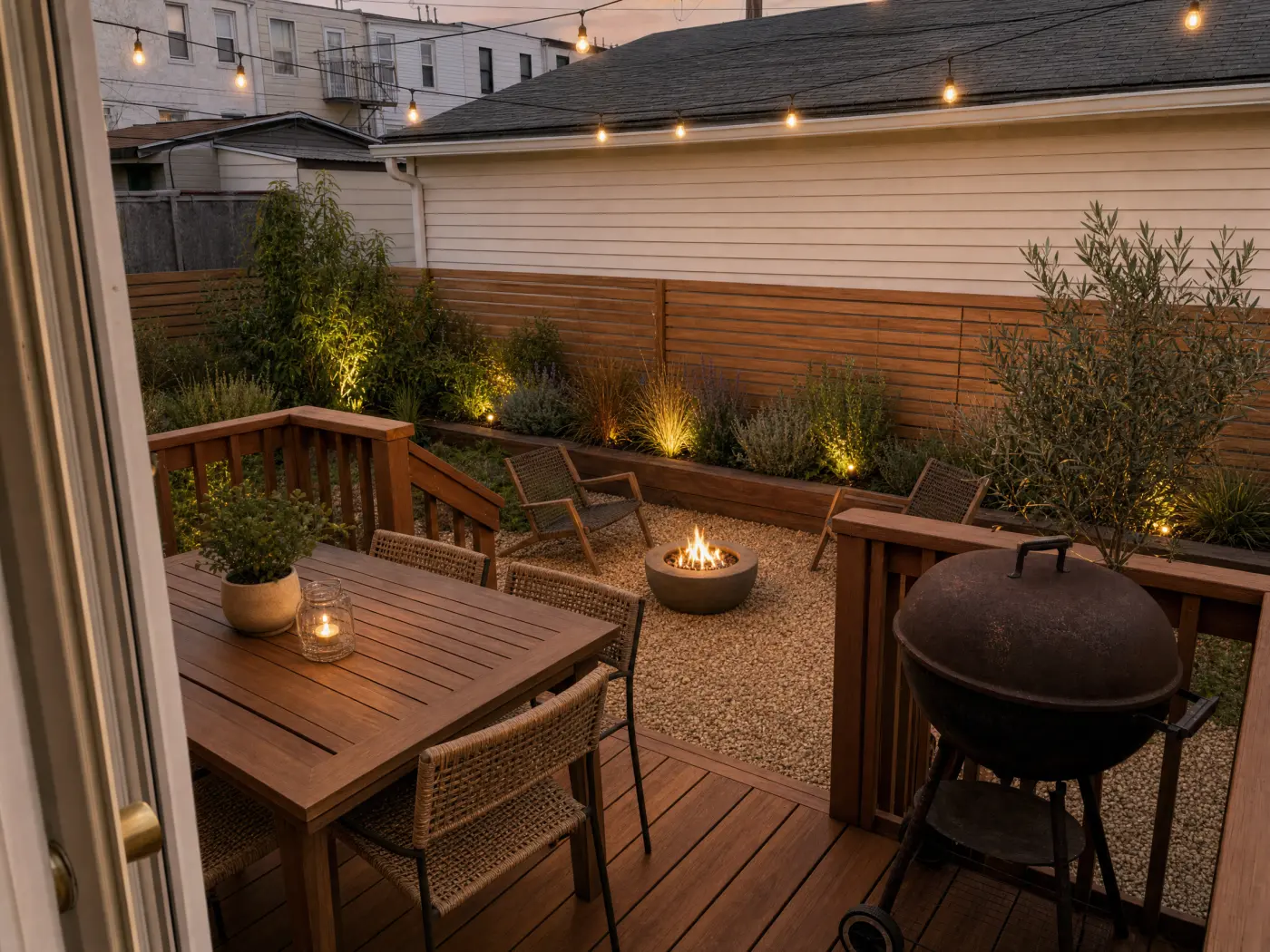 The same backyard redesigned with Idori at dusk: restained deck with a dining table, horizontal cedar privacy fence, lit planting beds, a gravel fire pit area with two chairs, string lights, and the same kettle grill