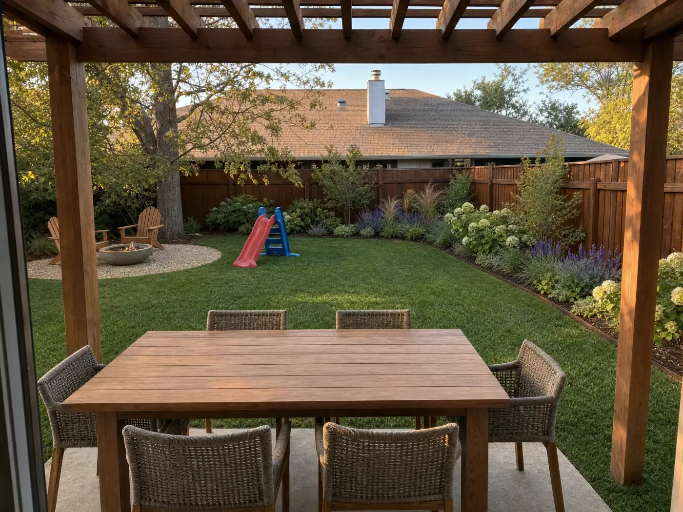 The family backyard after an Idori redesign: a cedar pergola over the patio with a dining table for six, the lawn and the child's slide kept, planted borders of hydrangea, lavender, and grasses along the stained fence, and a gravel fire bowl corner under the tree