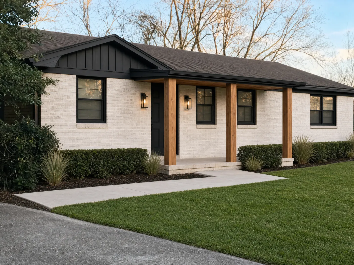 The same ranch house redesigned with Idori in a Modern Farmhouse style: limewashed white brick, black board-and-batten gable, black windows and trim, chunky cedar porch posts, two black lanterns, trimmed hedges with ornamental grasses, a new walkway, and a green lawn