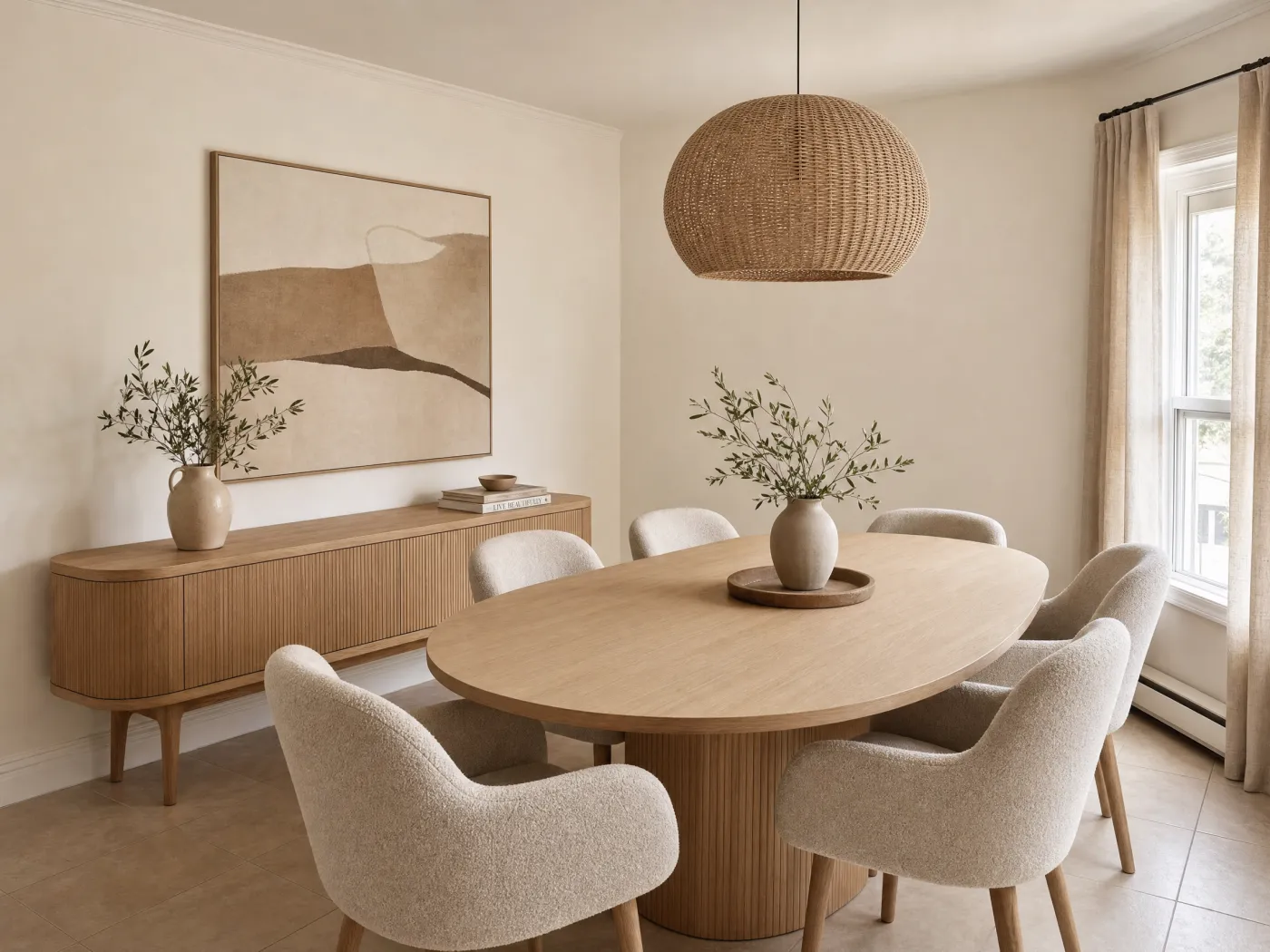 The same dining room redesigned with Idori into a warm modern organic style