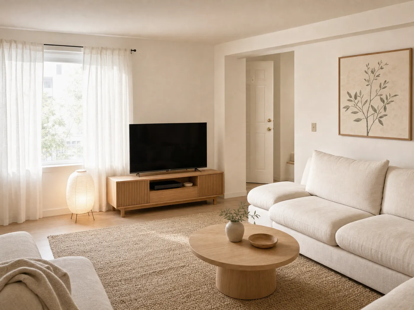 The same living room redesigned with Idori into a warm Japandi style