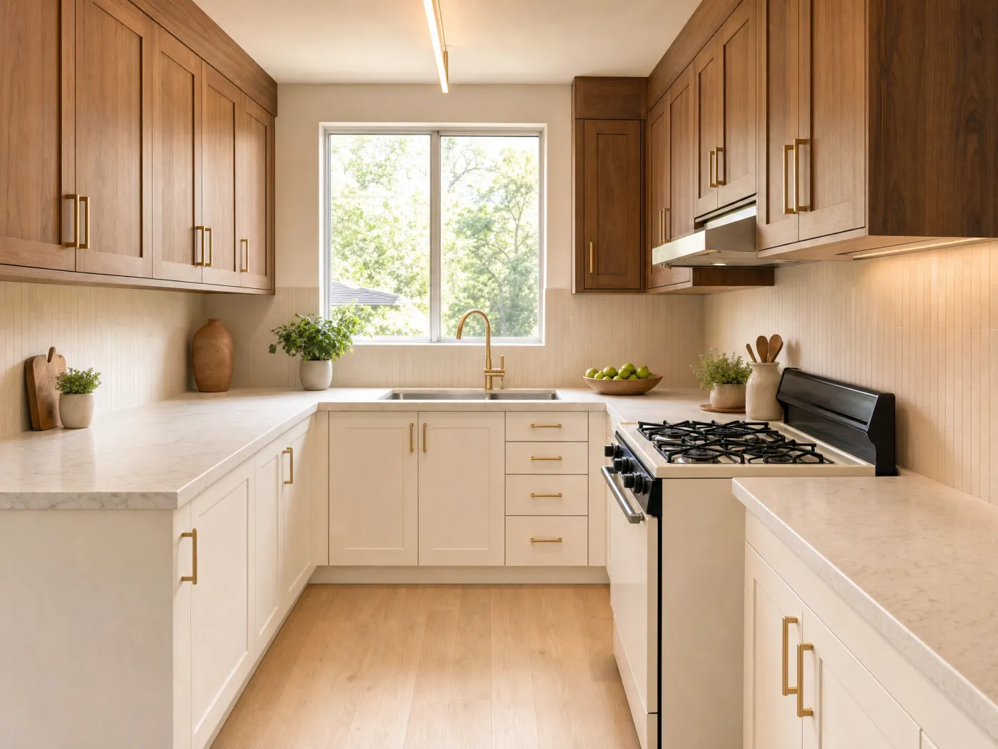 The same kitchen after a warm walnut redesign with Idori