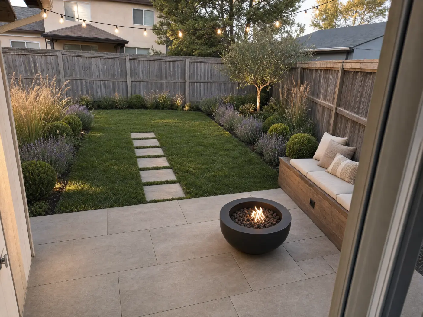 The same backyard redesigned with Idori: paver patio, bench seating, fire bowl, and a planted border along the fence