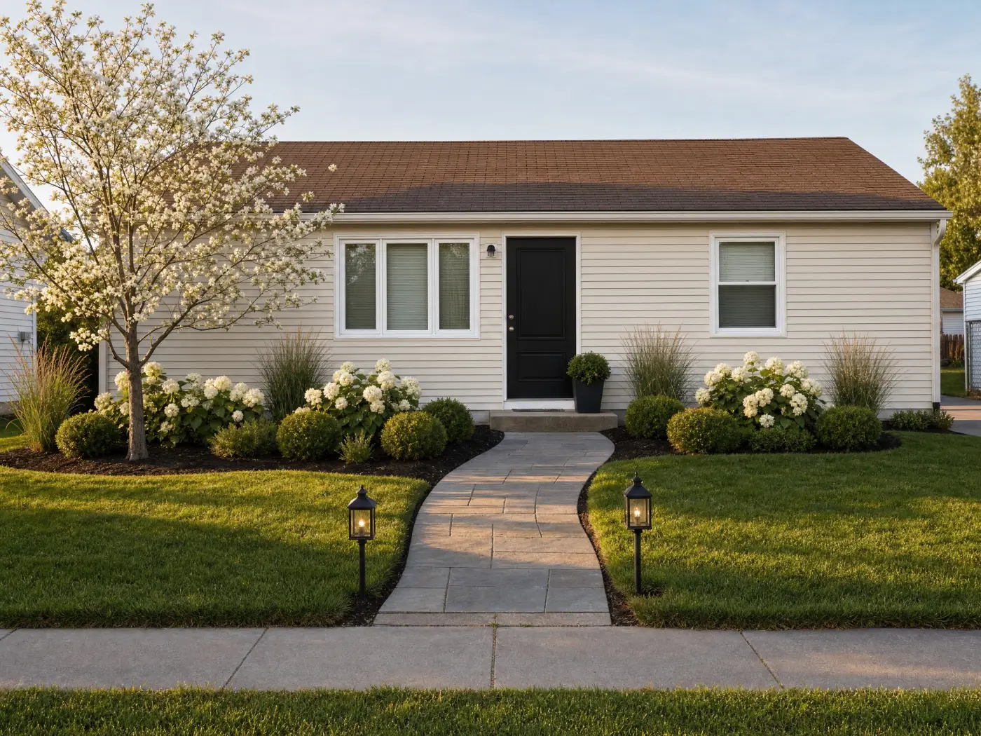 The same house redesigned with Idori: curved paver walkway, layered foundation planting, a flowering tree, and path lights