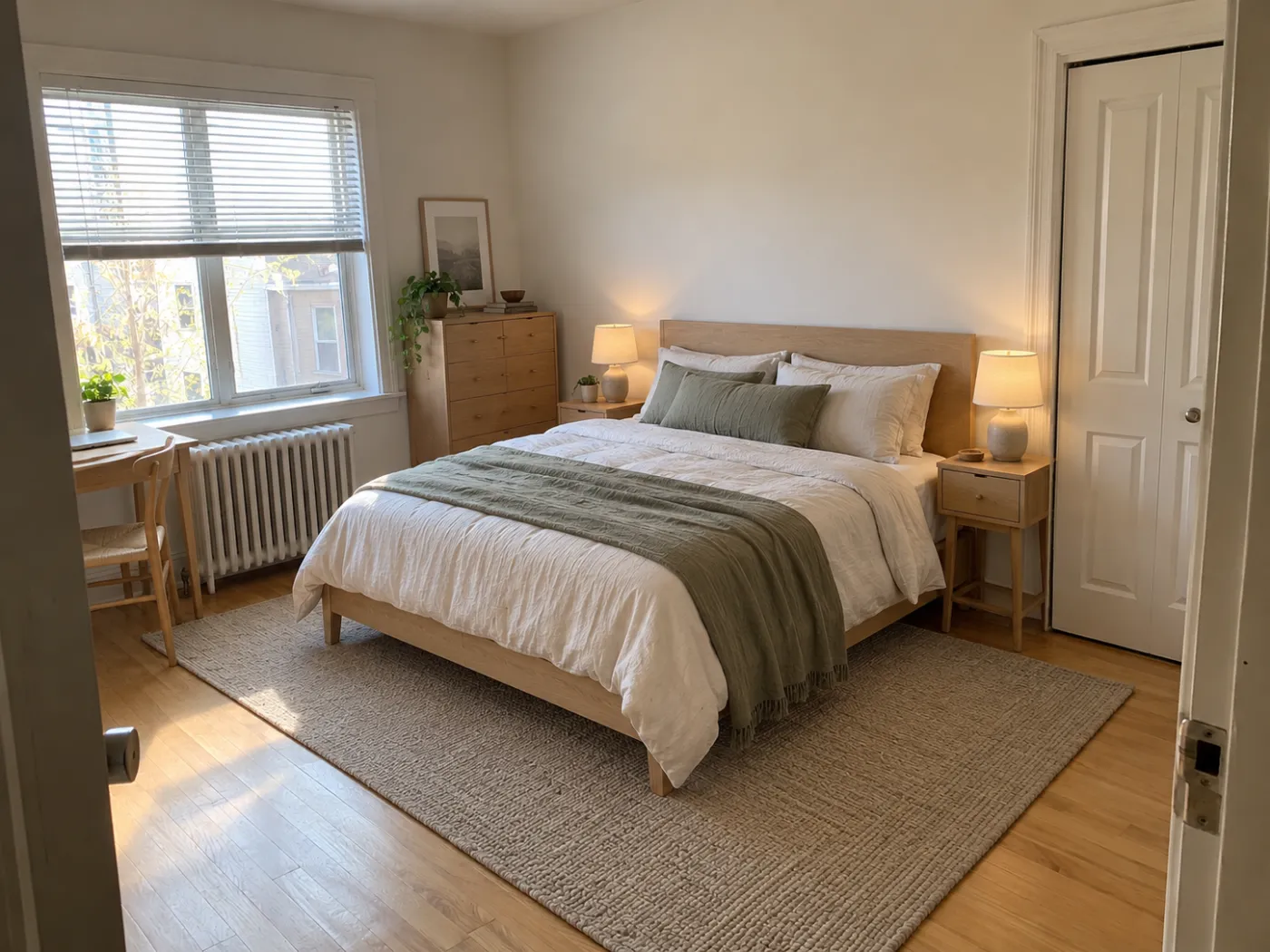 The same bedroom planned in Idori: an oak bed on the back wall with a nightstand each side, the rug unrolled under it, a dresser in the corner, a desk by the window, and the closet left free