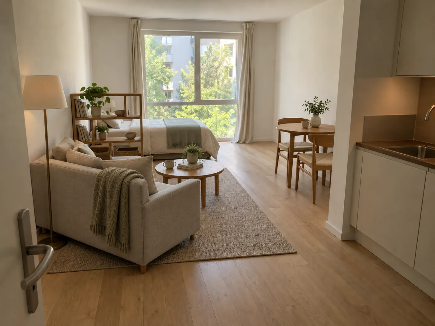 A studio planned and styled in Idori in a calm Scandinavian palette: a linen sofa and round oak coffee table on a wool rug, a bed behind an open bookshelf divider, and a small dining table by the kitchenette