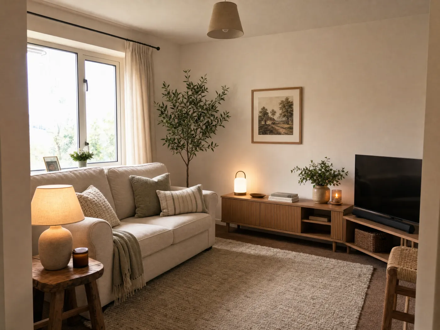 The same living room redesigned with Idori into a warm, modern style